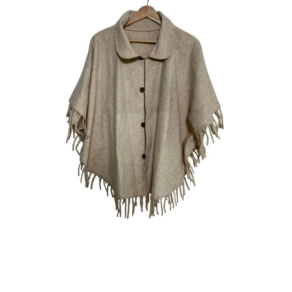 Artilana Wool Cape Poncho Cream Fringe Ruana Wrap Jacket Boho One Size